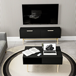 Set 4030-4220 Nero Gold Metal Ayakli Tv Üni̇tesi̇ - Style Orta Sehpa Takimi Si̇yah
