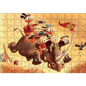 Donald Duck Ve Torunları Gergedan Üzerinde Puzzle Yapboz Mdf Ahşap 120 Parça