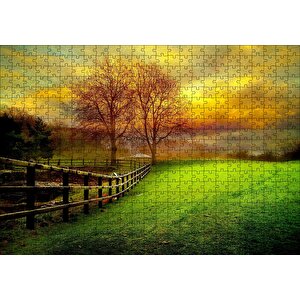 Manzara Çitler Ağaçlar Bulutlu Sarı Gökyüzü Puzzle Yapboz Mdf Ahşap 500 Parça