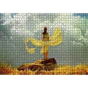 Bulutlu Gökler Ve Sarı Elbiseli Kız Puzzle Yapboz Mdf Ahşap 1000 Parça