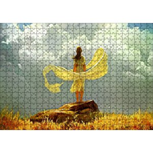 Bulutlu Gökler Ve Sarı Elbiseli Kız Puzzle Yapboz Mdf Ahşap 500 Parça