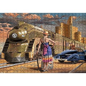 Antika Araba Ve Yolcular Ile Fütüristik Tren Puzzle Yapboz Mdf Ahşap 500 Parça