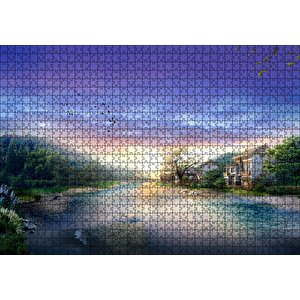 Manzara Resmi Nehir Ev Orman Puzzle Yapboz Mdf Ahşap 1000 Parça