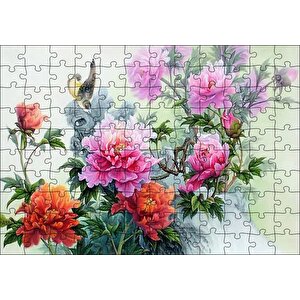 Şakayık Çiçeği Ve Kuşlar Puzzle Yapboz Mdf Ahşap 120 Parça