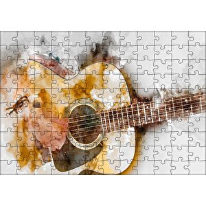 Akustik Gitar Sulu Boya Efektli Puzzle Yapboz Mdf Ahşap 120 Parça