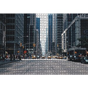 New York Gökdelenler Cadde Araçlar Ve İnsanlar Puzzle Yapboz Mdf Ahşap 1000 Parça