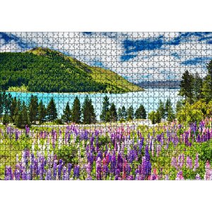 Dağ Gölü Bulutlar Ağaçlar Lavantalar Puzzle Yapboz Mdf Ahşap 1000 Parça