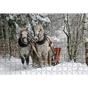 Karda Kızak Çeken Bir Çift At Puzzle Yapboz Mdf Ahşap 255 Parça