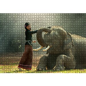 Çayırdaki Fil Ve Onu Seven Kız Puzzle Yapboz Mdf Ahşap 1000 Parça