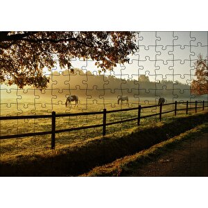 Gündoğumunda Sisler Ve Otlayan Atlar Puzzle Yapboz Mdf Ahşap 120 Parça