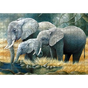 Fil Ailesi Su Kenarında Dijital Çizim Puzzle Yapboz Mdf Ahşap 500 Parça