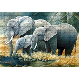 Fil Ailesi Su Kenarında Dijital Çizim Puzzle Yapboz Mdf Ahşap 255 Parça