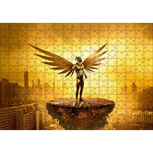 Kanatlı Şövalye Gökdelenler Ve Altın Rengi Gökyüzü Puzzle Yapboz Mdf Ahşap 255 Parça