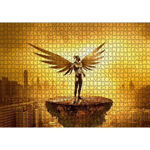 Kanatlı Şövalye Gökdelenler Ve Altın Rengi Gökyüzü Puzzle Yapboz Mdf Ahşap 1000 Parça