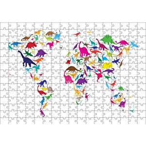 Dinozorlardan Oluşan Dünya Haritası Puzzle Yapboz Mdf Ahşap 255 Parça