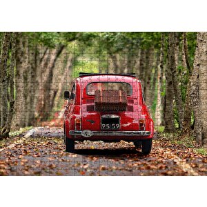 Ağaçlı Yol Yapraklar Ve Kırmızı Fiat Bis Puzzle Yapboz Mdf Ahşap 500 Parça