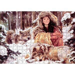 Kızılderili Kız Ve Karlar İçinde Kurtlar Görseli Puzzle Yapboz Mdf Ahşap 255 Parça