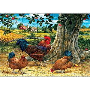 Tavuk Horoz Elma Ağacı Ev Manzarası Görseli Puzzle Yapboz Mdf Ahşap 120 Parça