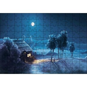 Ay Gecesi Yalnız Ev Ağaçlar Görseli Puzzle Yapboz Mdf Ahşap 120 Parça