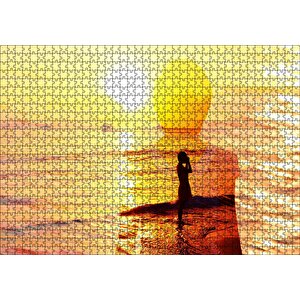 Altın Rengi Güneş Okyanus Ve Sahildeki Kız Puzzle Yapboz Mdf Ahşap 1000 Parça