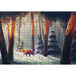 Karlı Ormanda Yürüyen Tilki Ve Güneş Işıkları Puzzle Yapboz Mdf Ahşap 500 Parça