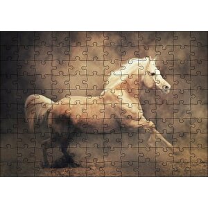 Sarı Renk Koşan At Görseli Puzzle Yapboz Mdf Ahşap 120 Parça