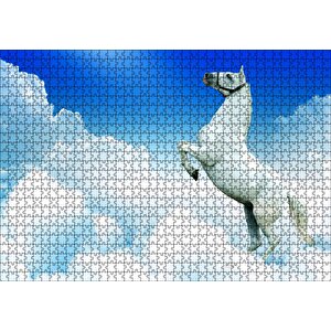 Beyaz Bulutlar Ve Şahlanan Beyaz At Puzzle Yapboz Mdf Ahşap 1000 Parça