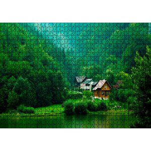 Dağ Orman Göl Ahşap Evler Görseli Puzzle Yapboz Mdf Ahşap 1000 Parça