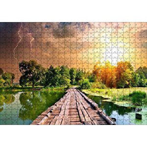Tahta Köprü Göl Ağaçlar Bulutlu Güneş Görseli Puzzle Yapboz Mdf Ahşap 500 Parça