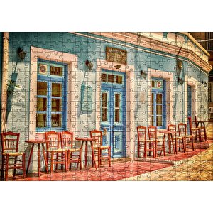 Otantik Yunan Kafeteryası Ve Kırmızı Sandalyeler Puzzle Yapboz Mdf Ahşap 255 Parça