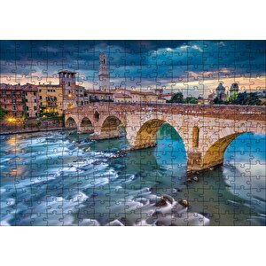 İtalya Verona Ponte Pietra Köprüsü Ve Mor Gökler Puzzle Yapboz Mdf Ahşap 255 Parça