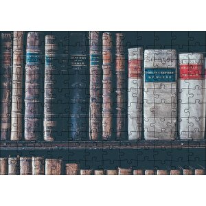 Kitaplıkta Deri Kaplı Kitap Görseli Puzzle Yapboz Mdf Ahşap 120 Parça