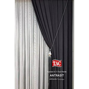 Fon Perde Antrasit 1x3 Sık Pile Narden Soft 2 Adet  2 Adet Kırlent Kılıfı + 2 Adet Bağlama Kuşağı Hediye 110x260 cm