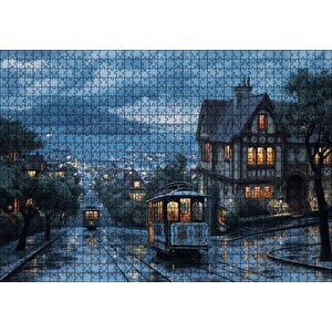 Yağmurlu Sokaklar Tramvaylar Ve Gece Işıkları Puzzle Yapboz Mdf Ahşap 1000 Parça