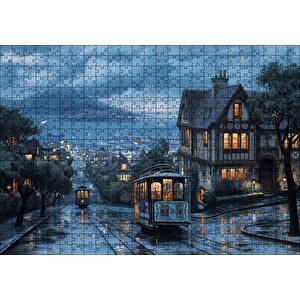 Yağmurlu Sokaklar Tramvaylar Ve Gece Işıkları Puzzle Yapboz Mdf Ahşap 500 Parça
