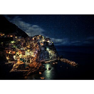 İtalya Manarola Sahil Kasabası Gece Manzarası Puzzle Yapboz Mdf Ahşap 120 Parça