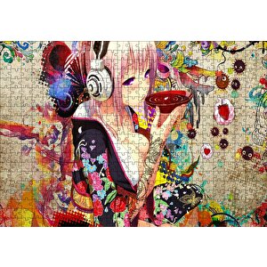 Anime Kulaklıklı Genç Kız Çay İçiyor Puzzle Yapboz Mdf Ahşap 500 Parça