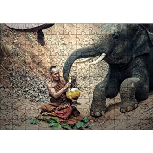 Budist Keşiş Ve Fil Puzzle Yapboz Mdf Ahşap 120 Parça