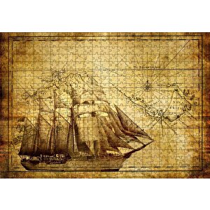Eski Harita Üzerinde Yelkenli Gemi Puzzle Yapboz Mdf Ahşap 500 Parça