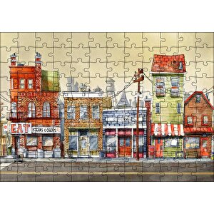 Sokakta Binalar Ve Dükkanlar Karikatürize Puzzle Yapboz Mdf Ahşap 120 Parça
