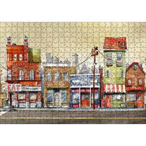 Sokakta Binalar Ve Dükkanlar Karikatürize Puzzle Yapboz Mdf Ahşap 500 Parça