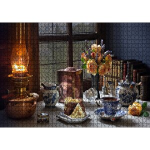 Kek Ve Çay Ambiyans Pencerede Yağmur Görseli Puzzle Yapboz Mdf Ahşap 1000 Parça