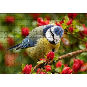 Cakapuzzle  Kırmızı Çiçekli Ağaçta Mavi Sarı Kuş Puzzle Yapboz Mdf Ahşap