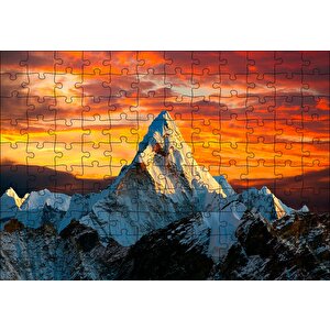 Cakapuzzle  Günbatımı Kızıl Gökyüzü Ve Karlı Zirve Puzzle Yapboz Mdf Ahşap