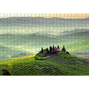 İtalya Toscano Tepedeki Ev Ve Dağlar Puzzle Yapboz Mdf Ahşap 500 Parça