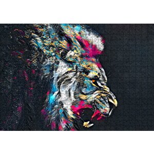 Erkek Aslan Renkli Fırça Darbeleri Siyah Zemin Puzzle Yapboz Mdf Ahşap 500 Parça