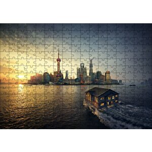 Günbatımı Yüzen Ev Ve Gökdelenler Puzzle Yapboz Mdf Ahşap 255 Parça