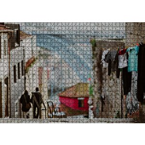Nostaljik Sokak Merdivenler Çamaşırlar Puzzle Yapboz Mdf Ahşap 1000 Parça