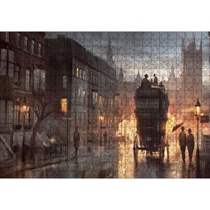 Yağmurlu Akşamda Sokakta Arabalar Ve İnsanlar Puzzle Yapboz Mdf Ahşap 500 Parça