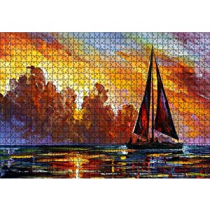 Günbatımı Kızıl Bulutlar Ve Yelkenli Yağlı Boya Puzzle Yapboz Mdf Ahşap 1000 Parça